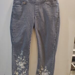 Lisette Striped Blue and White Women's Jeans with White Floral Embroidery
